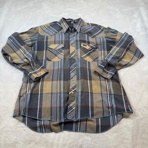 Wrangler Plaid Snap Western Shirt Men's XL Gray Tan Blue Long Sleeve Made in USA